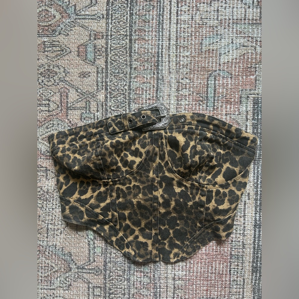 Cheetah denim crop top. Adjustable buckle on top